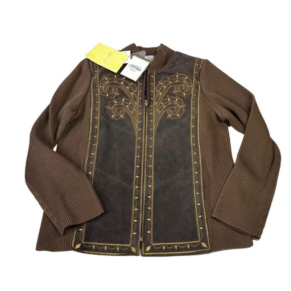 Vintage Bob Mackie Womens Medium Suede Jacket Embroidered Chocolate Brown New - Picture 1 of 12